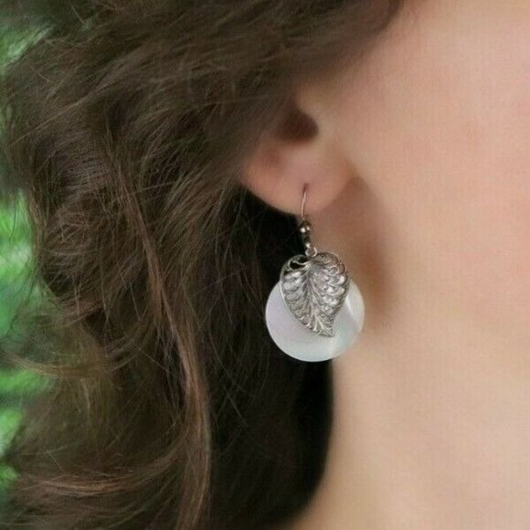 Sterling Silver Mother of Pearl with Sterling Leaf Earrings Dangle Drop Earrings - Picture 2 of 7